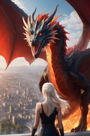 dragon, big open wings, red eyes, spitting out-of-mouth red fire, flying over a city, a beautiful blond woman standing next to him, 25-year-old woman with white hair