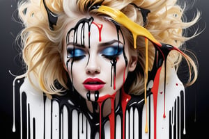 Stylish blonde woman, white background, -tilde -art, aw0k paint dripping makeup,High detailed ,detailmaster2