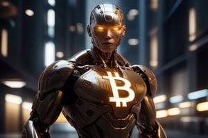 a cute cyborg women with blonde hair made out of metal, cyborg, Bitcoin logo on forehead, intricate details, hdr, intricate details:1.1, hyperdetailed, cinematic shot, vignette, centered), (best quality, 4k, 8k, high res, masterpiece:1.2), ultra-detailed, (realistic, photorealistic, photo-realistic:1.37), metallic fur texture, glowing eyes, mechanical limbs, microscopic engravings, shiny reflective surface, metallic whiskers, sharp metal claws, cybernetic enhancements, sparkling metal reflections, precision engineering, subtle shadows, mysterious atmosphere, vivid colors, sharp focus, innovative design, defocused background, emotive facial expression, strategic lighting, artistic composition, technological marvel,