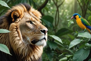 Cinematic Photo:1.3) of (Ultra detailed:1.3)a big lion male with a Sunbird sitting on the lion's nose, hiding behind the leaves in the rainforest, in the style of Bloomsbury group, expressive character design, focus on joints/connections, leaf patterns, playful animation, shaped canvas, soft watercolors, Highly Detailed