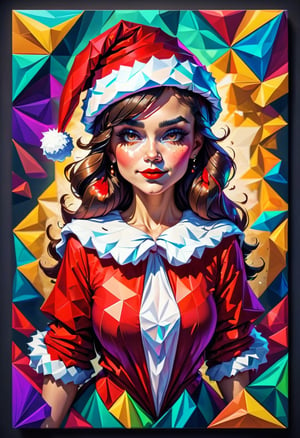 Low polygon, mosaic artwork. One santa girl, wear santa girl costume, wear santa hat,  half body, potrait, potraiture, vibrant, colorful, mosaic, low-poly, polygon mesh, jagged, blocky, wireframe edges, centered composition
