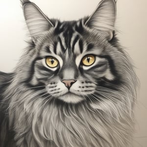 Create A pencil sketch of a Main Coon Cat with golden brown eyes.Dark energy emitting, death aura , sharp focus, high quality, high detailed.