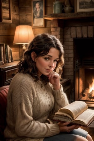 8k rAn intimate celebrity profile picture of a renowned actress in a cozy, rustic setting, sitting by a fireplace with a book in hand, surrounded by vintage furniture and soft, warm lighting that conveys a sense of comfort and nostalgia, portrayed through a detailed illustration with watercolor textures, --ar 16:9 --v 5