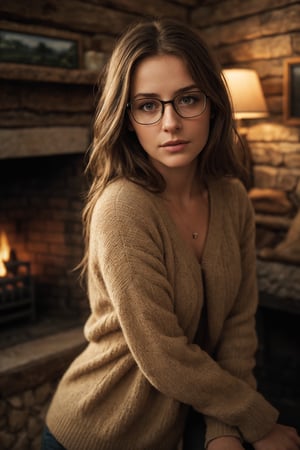 An intimate celebrity profile picture of a renowned actress with glasses on in a cozy, rustic setting, standing by a fireplace plays with her hair, surrounded by vintage furniture and soft, warm lighting that conveys a sense of comfort and nostalgia,

For lighting, use a cinematic dramatic lighting setup to add depth and dimension to the portrait. The lighting should evoke a hazy, sunset-like mood, casting warm and muted colors on the girl's face. front view, open eyes, sad

The photo should be taken with a Hasselblad H6D 100c camera, using the HCD 24mm lens to capture the finest details. Add a touch of film grain using cinestill, enhancing the nostalgic and artistic qualities of the portrait.

Emphasize sharp focus on the girl's expressive eyes and use depth of field (DOF) creatively to draw attention to her face while maintaining a sense of the enchanting jungle background.

Post-processing should aim to enhance the hyper-realistic effect, adding absurdres and hyper-realistic lifelike texture to the photo. Avoid excessive editing to preserve the authenticity of the girl's appearance