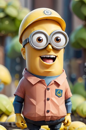 (smiling Minion dressed as the recognizable leader with a distinctive short haircut:1.6). A unique haircut characterized by its contrasting lengths between the top and the sides, A structure made from bananas positioned behind. Many Minions clinging to a large, finned device. Banana bunches are attached to this cylindrical object with tail fins, dominant Minion figure, expressive pose, prominent banana 
