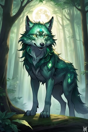 Deep within an enchanted forest, where moonlight filters through a dense canopy of leaves, a mythical wolf roams. Its fur is like liquid gold, shimmering with unspoken magic. Emerald eyes gleam, reflecting the ancient secrets held by the woods. A delicate halo of light hovers around its head, giving it an otherworldly appearance. Its mane is lush and full, rippling with each step as if woven from the very rays of the sun. At the tips of its mighty paws are claws that appear to be carved from pure crystal. The mythical wolf exudes an aura of majesty and tranquility, guardian of the forest's deep mysteries.,darkart,uwudemon,monster