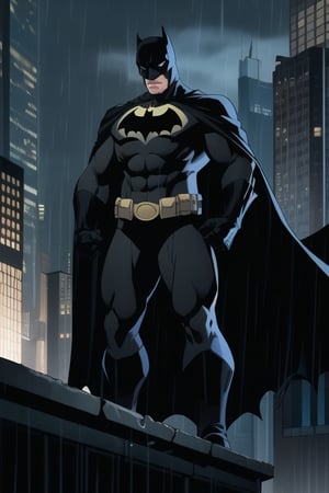 1 male,batman, white eyes,no eyelids,black batman mask,black metallic bodysuit,batman logo,black bat cape, muscular,abs,standing on top of a building, rainy dark night,Pectoral Focus