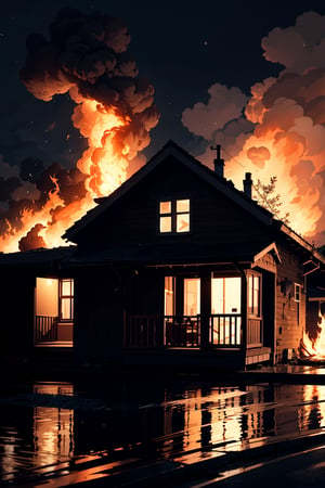 a house on fire in the night