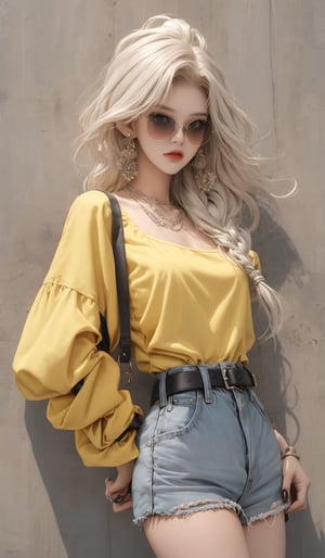  masterpiece art, 8k, (A beautiful teen girl with a skinny body), (white dreadlocks hair) , she is wearing a (yellow designed full sleeve top and black designed Paperbag Waist Shorts), (waist belt), (black sunglasses), fashion style clothing. Necklace, jewelry, Her toned body suggests her great strength. The girl is dancing hip-hop and doing all kinds of cool moves.,white wall background,shot from a distance,detailed art Sohwa,medium full shot,skinny,Detaileddace