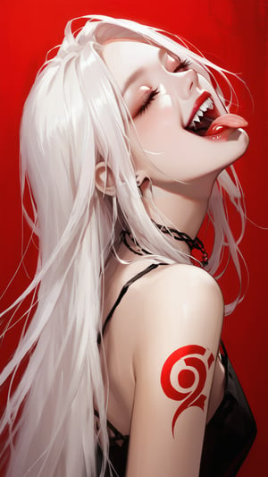 Prompt: 1girl, solo, long hair, white hair, half hair color, open mouth, closed eyes, teeth, tongue, tongue out, fangs, back tattoo, necklace, red background, dark theme
