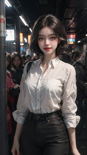 photorealistic, high contrast, 8k HD, detailed, hyper-detailed, best quality, ultra high res, raw photo, dramatic lighting, unreal engine, a very beautiful young smiling woman with a short hair, in the subway, crowded people, a normal breast, wearing white full sleeve shirt and black pant