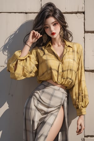  A beautiful girl with a slim figure, she is wearing a yellow checked shirt and long skirt, fashion style clothing. Her toned body suggests her great strength. The girl is standing confident and doing all kinds of cool poses.,Sohwa,medium full shot