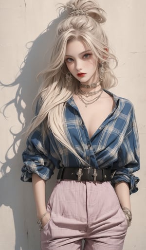  masterpiece art, 8k, (A beautiful teen girl with a skinny body), (white dreadlocks hair) , she is wearing a (red designed checked shirt), (black designed Palazzo shorts), (waist knot belt), (flower choker), fashion style clothing. Necklace, jewelry, Her toned body suggests her great strength. The girl is dancing hip-hop and doing all kinds of cool moves.,white wall background,shot from a distance,detailed art Sohwa,medium full shot,skinny,Detaileddace