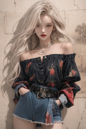  masterpiece art, 8k, (A beautiful teen girl with a skinny body), (white dreadlocks hair) , she is wearing a (rainbow designed off shoulder top and black designed Petal skirt), (waist HORSE-BIT BUCKLE BELTS), fashion style clothing. long Necklace, jewelry, Her toned body suggests her great strength. The girl is dancing hip-hop and doing all kinds of cool moves.,white wall background,shot from a distance,detailed art Sohwa,medium full shot,skinny,Detaileddace