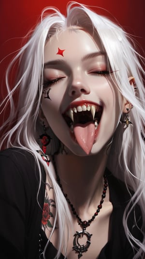 Prompt: 1girl, solo, long hair, white hair, half hair color, open mouth, jewelry, closed eyes, teeth, tongue, tongue out, necklace, fangs, piercing, chest tattoo, necklace, red background, dark theme
