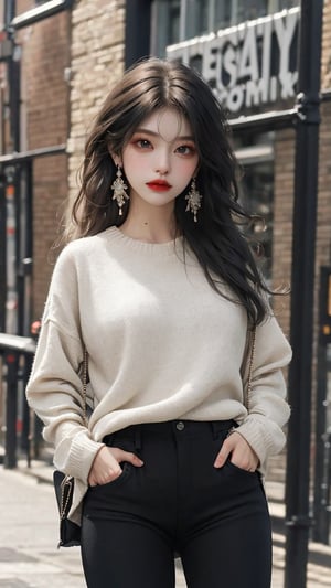 1girl, solo, long hair, looking at viewer, shirt, black hair, long sleeves, jewelry, closed mouth, earrings, pants, black eyes, sweater, black pants, hands in pockets, red lips