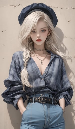  masterpiece art, 8k, (A beautiful teen girl with a skinny body), (white dreadlocks hair) , she is wearing a (red designed checked shirt), (black designed Palazzo shorts), (waist knot belt), (choker), (newsboy hat), fashion style clothing. Necklace, jewelry, Her toned body suggests her great strength. The girl is dancing hip-hop and doing all kinds of cool moves.,white wall background,shot from a distance,detailed art Sohwa,medium full shot,skinny,Detaileddace