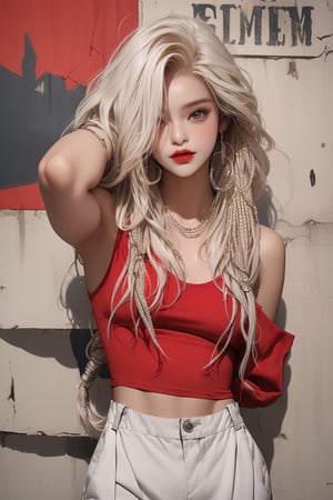  A beautiful teen girl with a skinny body, (white dreadlocks hair) , she is wearing a (red designed long top and designed bly track pants), fashion style clothing. Her toned body suggests her great strength. The girl is dancing hip-hop and doing all kinds of cool moves.,Sohwa,medium shot