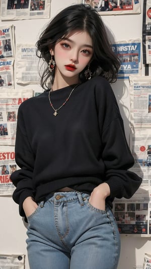 1girl, solo, long hair, looking at viewer, shirt, black hair, long sleeves, jewelry, closed mouth, earrings, pants, black eyes, sweater, black pants, hands in pockets, red lips, newspaper background