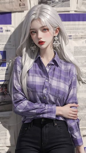 1girl, solo, long hair, looking at viewer, shirt, long sleeves, jewelry, closed mouth, white hair, grey hair, cowboy shot, earrings, collared shirt, pants, mole, bracelet, lips, grey eyes, plaid, wavy hair, black pants, watch, paper, purple shirt, shirt tucked in, photo \(object\), holding own arm, hand on own arm, newspaper background