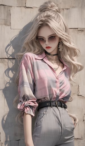  masterpiece art, 8k, (A beautiful teen girl with a skinny body), (white wavy hair) , she is wearing a (pink designed checked shirt), (black designed Palazzo shorts), (waist knot belt), (flower choker),  (black sunglasses), fashion style clothing. Necklace, jewelry, Her toned body suggests her great strength. The girl is dancing hip-hop and doing all kinds of cool moves.,white wall background,shot from a distance,detailed art Sohwa,medium full shot,skinny,Detaileddace