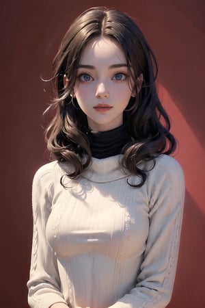 best quality, masterpiece, detailed, 16k, beautiful detailed face, beautiful detailed eyes, 8k, femalesolo, prefect body, prefect face, A cute girl, long black curly hair, matt lips,(heavy lower lips), (elegant turtleneck dress:1.2), casual outfit, (red background) , sweet smile, Detailedface,pastelbg