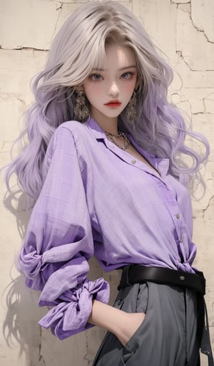  masterpiece art, 8k, (A beautiful teen girl with a skinny body), (white dreadlocks hair) , she is wearing a (purple designed checked shirt), (black designed cargo pants), (waist knot belt), fashion style clothing. Necklace, jewelry, Her toned body suggests her great strength. The girl is dancing hip-hop and doing all kinds of cool moves.,white wall background,shot from a distance,detailed art Sohwa,medium full shot,skinny,Detaileddace