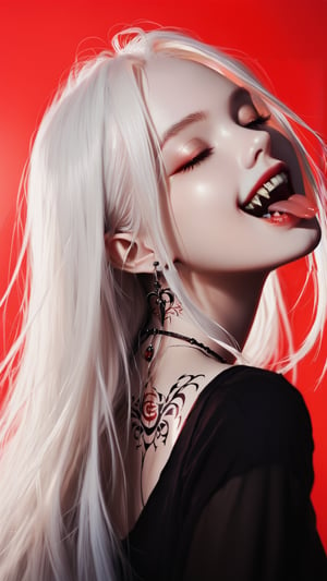 Prompt: 1girl, solo, long hair, white hair, half hair color, open mouth, closed eyes, teeth, tongue, tongue out, fangs, back tattoo, necklace, red background, dark theme
