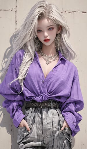  masterpiece art, 8k, (A beautiful teen girl with a skinny body), (white dreadlocks hair) , she is wearing a (purple designed checked shirt), (black designed cargo pants), (waist knot belt), fashion style clothing. Necklace, jewelry, Her toned body suggests her great strength. The girl is dancing hip-hop and doing all kinds of cool moves.,white wall background,shot from a distance,detailed art Sohwa,medium full shot,skinny,Detaileddace