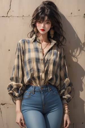  A beautiful girl with a slim figure, she is wearing a yellow checked shirt and skinny jeans, fashion style clothing. Her toned body suggests her great strength. The girl is standing confident and doing all kinds of cool poses.,Sohwa,medium full shot