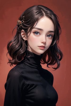 best quality, masterpiece, detailed, 16k, beautiful detailed face, beautiful detailed eyes, 8k, femalesolo, prefect body, prefect face, A cute girl, long black curly hair, matt lips,(heavy lower lips), (elegant turtleneck dress:1.2), casual outfit, (red background) , sweet smile, Detailedface,pastelbg