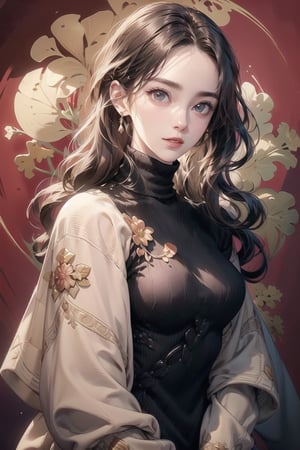 best quality, masterpiece, detailed, 16k, beautiful detailed face, beautiful detailed eyes, 8k, femalesolo, prefect body, prefect face, A cute girl, long black curly hair, matt lips,(heavy lower lips), (elegant turtleneck dress:1.2), casual outfit, (red background) , sweet smile,pastelbg