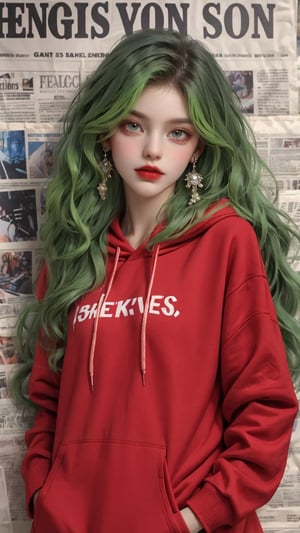 1girl, solo, long hair, looking at viewer, purple frock, red oversized hoodie, jewelry, closed mouth, green hair, long hair, long wavy hair, cowboy shot, earrings, red hoodie, frock, red sneakers, mole, bracelet, lips, grey eyes, plaid, wavy hair, long frock, oversized_clothing, hoodie, photo, newspaper background