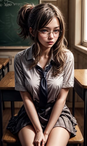a 16-year-old girl who sitting school table, she wear school uniform (shirt, skirt with tie) , She has long brown hair that she usually ties in a ponytail, and big hazel eyes that sparkle with curiosity. She wears glasses that make her look sexy and noughty, but also adorable. She is very kind and gentle, but also very timid and insecure. She often blushes when someone talks to her, and stammers when she tries to reply. She has a hard time making friends, and prefers to stay in the background. She is afraid of being judged or rejected by others, so she rarely expresses her opinions or feelings. She has a crush on a boy in her class, but she is too shy to approach him or even look at him. She secretly writes poems about him in her diary, hoping that one day he will notice her and like her front. realistic, masterpiece, raw photo