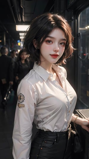 photorealistic, high contrast, 8k HD, detailed, hyper-detailed, best quality, ultra high res, raw photo, dramatic lighting, unreal engine, a very beautiful young smiling woman with a short hair, in the subway, crowded people, a normal breast, wearing white full sleeve shirt and black pant