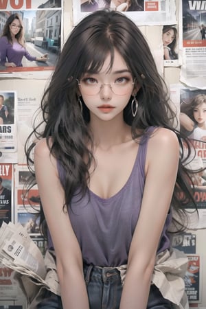 newspaper wall, ((red eyes glasses)), ((purple shirt)), solo, ((skinny_jeans)), earrings, jewelry, brown hair, hair ribbon, jewelry, 1girl, ((Styles photoshoot pose)),  long hair, upper_body,skinny