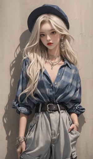  masterpiece art, 8k, (A beautiful teen girl with a skinny body), (white dreadlocks hair) , she is wearing a (red designed checked shirt), (black designed cargo shorts), (waist knot belt), (choker), (Beaver hat), fashion style clothing. Necklace, jewelry, Her toned body suggests her great strength. The girl is dancing hip-hop and doing all kinds of cool moves.,white wall background,shot from a distance,detailed art Sohwa,medium full shot,skinny,Detaileddace