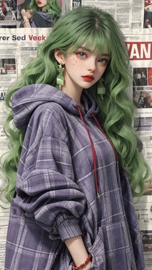 1girl, solo, long hair, looking at viewer, purple frock, red oversized hoodie, jewelry, closed mouth, green hair, long hair, long wavy hair, cowboy shot, earrings, red hoodie, frock, red sneakers, mole, bracelet, lips, grey eyes, plaid, wavy hair, long frock, oversized_clothing, hoodie, photo, newspaper background