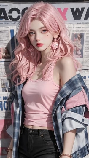 1girl, solo, long hair, looking at viewer, tank top, oversized jacket, off shoulder, jewelry, closed mouth, pink hair, wavy hair, cowboy shot, earrings, pink jacket, pants, mole, bracelet, lips, grey eyes, plaid, wavy hair, black pants, watch, paper, black tank, open jacket, photo, newspaper cover