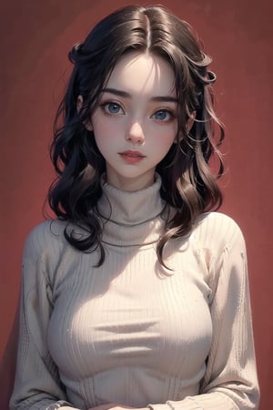 best quality, masterpiece, detailed, 16k, beautiful detailed face, beautiful detailed eyes, 8k, femalesolo, prefect body, prefect face, A cute girl, long black curly hair, matt lips,(heavy lower lips), (elegant turtleneck dress:1.2), casual outfit, (red background) , sweet smile,pastelbg