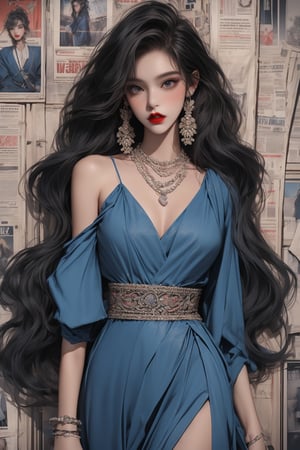 teen girl,skinny (masterpiece, best quality, ultra detailed, absurdres)1.5, long hair, bare legs, long hair
looking at viewer
jewelry
black hair
cowboy shot
earrings
long necklace
indoors
blue Japanese traditional dress
lips
wavy hair
red lips,chung,newspaper wall,fashiongirl