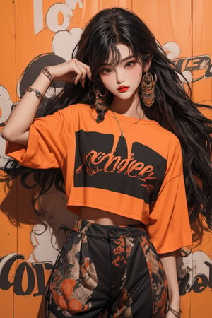  A beautiful teen girl with a skinny body, (black dreadlocks hair) , she is wearing a (orange designed top and black designed Harem Pants), fashion style clothing. Her toned body suggests her great strength. The girl is dancing hip-hop and doing all kinds of cool moves.,Sohwa,medium shot
