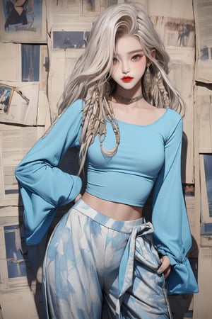  A beautiful teen girl with a skinny body, (white dreadlocks hair) , she is wearing a (blue designed full sleeve top and designed Harem Pants), fashion style clothing. Her toned body suggests her great strength. The girl is dancing hip-hop and doing all kinds of cool moves.,Sohwa,medium shot