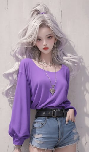  masterpiece art, 8k, (A beautiful teen girl with a skinny body), (white dreadlocks hair) , she is wearing a (purple designed full sleeve top and black designed Paperbag Waist Shorts), (waist belt), fashion style clothing. Necklace, jewelry, Her toned body suggests her great strength. The girl is dancing hip-hop and doing all kinds of cool moves.,white wall background,shot from a distance,detailed art Sohwa,medium full shot,skinny,Detaileddace