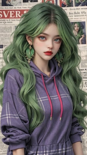 1girl, solo, long hair, looking at viewer, purple frock, red oversized hoodie, jewelry, closed mouth, green hair, long hair, long wavy hair, cowboy shot, earrings, red hoodie, frock, red sneakers, mole, bracelet, lips, grey eyes, plaid, wavy hair, long frock, oversized_clothing, hoodie, photo, newspaper background