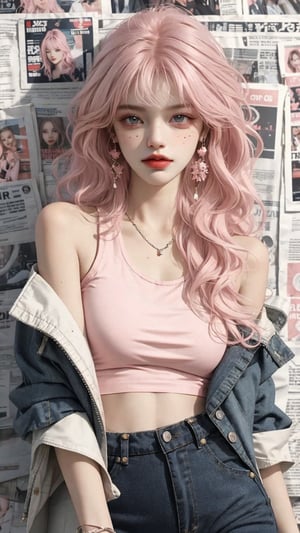 1girl, solo, long hair, looking at viewer, tank top, breast, oversized jacket, off shoulder, jewelry, closed mouth, pink hair, wavy hair, cowboy shot, earrings, pink jacket, pants, mole, bracelet, lips, grey eyes, plaid, wavy hair, black pants, watch, paper, black tank, open jacket, photo, newspaper background