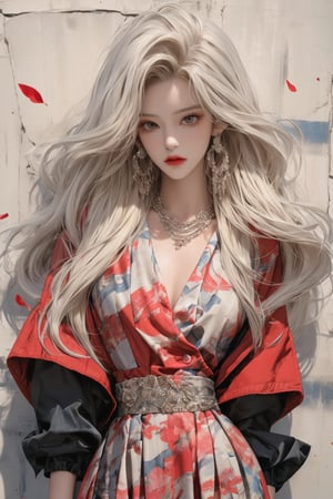  masterpiece art, 8k, (A beautiful teen girl with a skinny body), ((white dreadlocks hair)) , she is wearing a (blue designed full sleeve top with oversized red jacket and black designed Petal frock), fashion style clothing. Necklace, jewelry, Her toned body suggests her great strength. The girl is dancing hip-hop and doing all kinds of cool moves.,white wall background,shot from a distance,detailed art Sohwa,full shot,skinny,Detaileddace