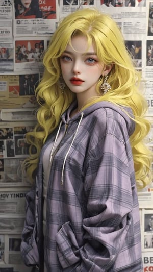 1girl, solo, long hair, looking at viewer, purple frock, red oversized hoodie, jewelry, closed mouth, yellow hair, long hair, long wavy hair, cowboy shot, earrings, red hoodie, frock, red sneakers, mole, bracelet, lips, grey eyes, plaid, wavy hair, long frock, oversized_clothing, hoodie, photo, newspaper background