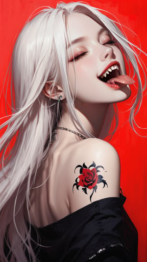 Prompt: 1girl, solo, long hair, white hair, half hair color, open mouth, closed eyes, teeth, tongue, tongue out, fangs, back tattoo, necklace, red background, dark theme
