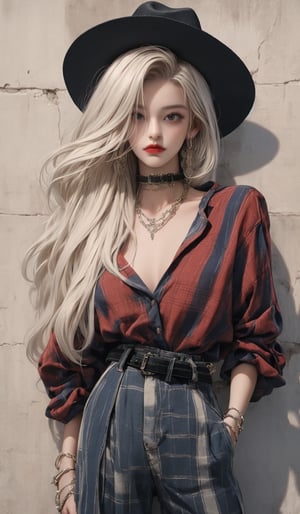  masterpiece art, 8k, (A beautiful teen girl with a skinny body), (white dreadlocks hair) , she is wearing a (red designed checked shirt), (black designed Palazzo shorts), (waist knot belt), (choker), (Beaver hat), fashion style clothing. Necklace, jewelry, Her toned body suggests her great strength. The girl is dancing hip-hop and doing all kinds of cool moves.,white wall background,shot from a distance,detailed art Sohwa,medium full shot,skinny,Detaileddace